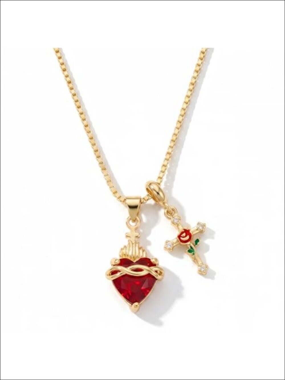 14K Gold Plated Sacred Heart Cross Pendant Necklace Women 16 inches